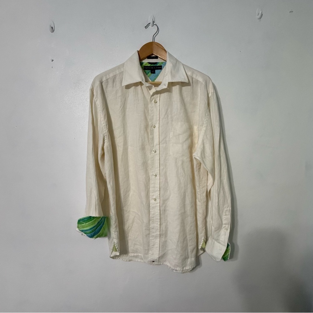 Tommy Hilfiger Pure LinenCream Shirt with Green Details